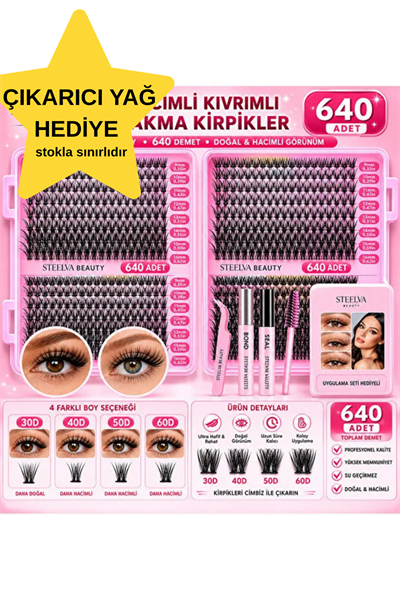 640 Kök Hazır Demet Kirpik Seti | Rus Volüm Lifting Etkisi | Hafif, Batmaz, Extra Yumuşak-Cımbız,Fırça ve Yapiştırıcı İçindedir.