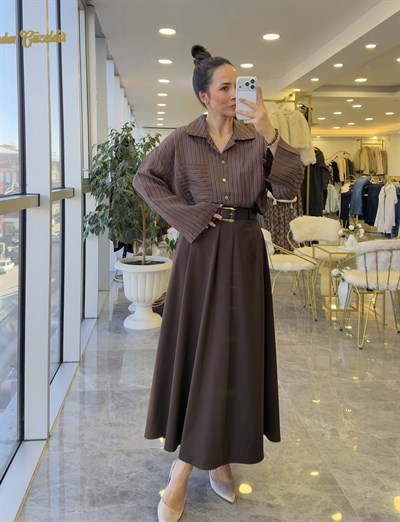 Çizgili Oversize Gömlek Kahve