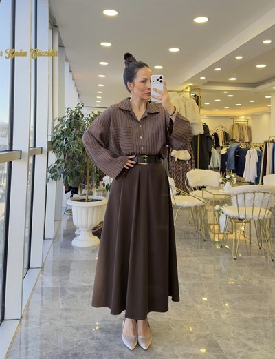 Çizgili Oversize Gömlek Kahve