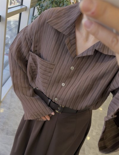 Çizgili Oversize Gömlek Kahve
