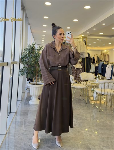 Çizgili Oversize Gömlek Kahve