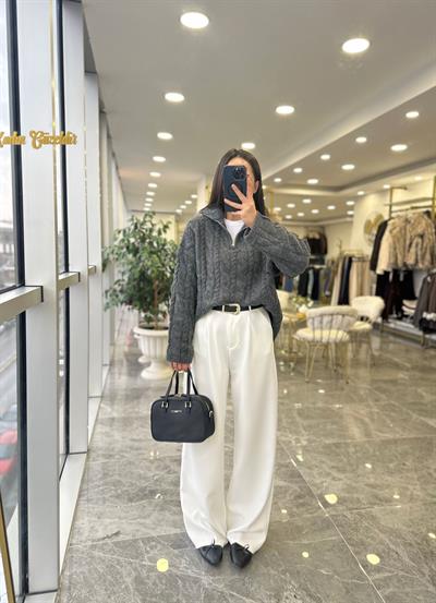 Dökümlü Beyaz Pantolon