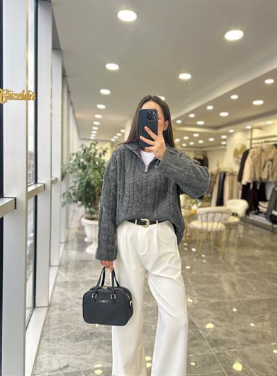 Gri Fermuarlı Premium Kazak