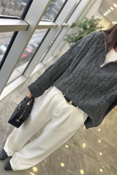 Gri Fermuarlı Premium Kazak