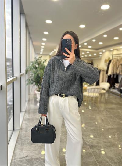 Gri Fermuarlı Premium Kazak