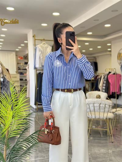 İşlemeli Çizgili Gömlek