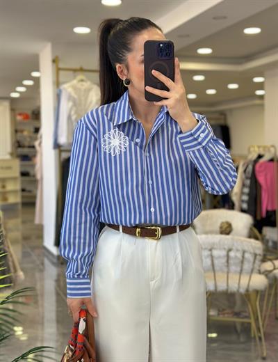 İşlemeli Çizgili Gömlek