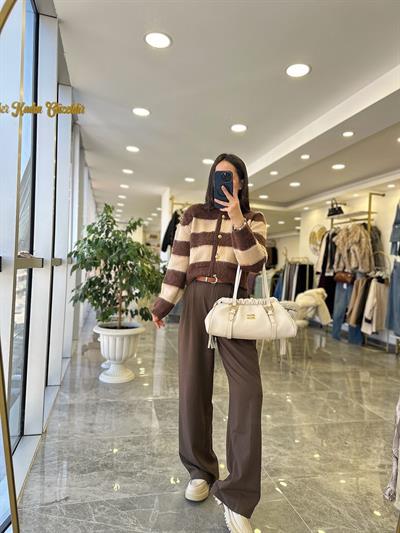 Kahve Krem Çizgili Hırka