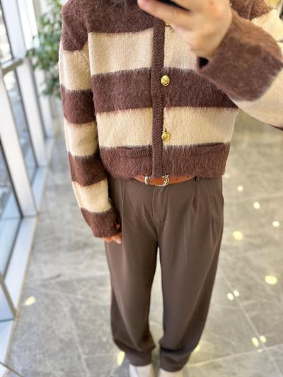 Kahve Krem Çizgili Hırka