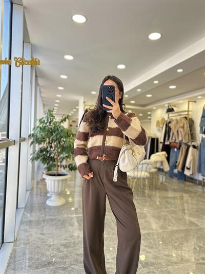 Kahve Krem Çizgili Hırka