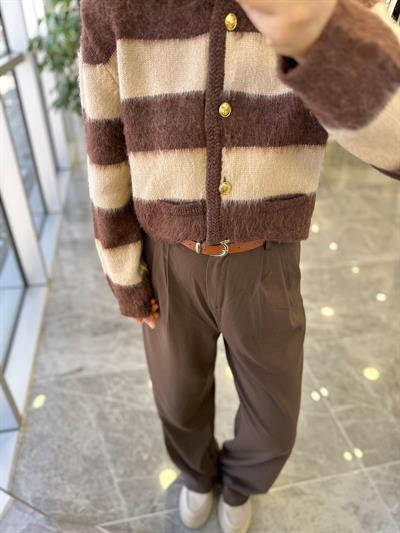 Kahve Krem Çizgili Hırka