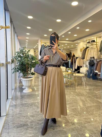 Kemerli Maxi Etek Camel