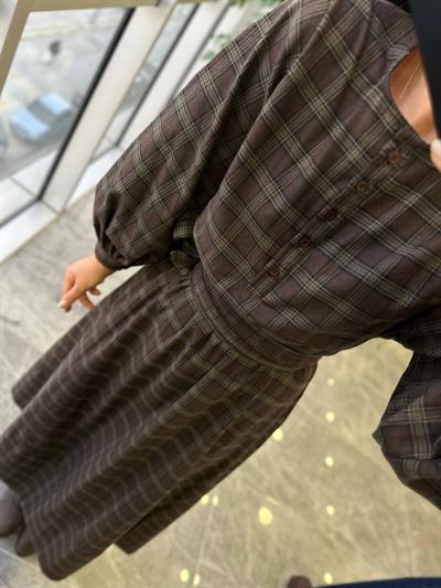 Maxi Boy Ekose Elbise Haki-Kahve