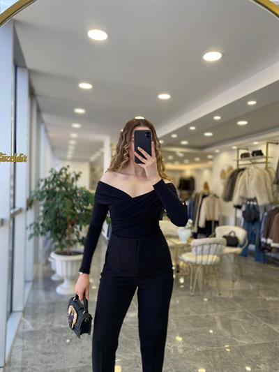 Omuz Dekolte Bluz Siyah