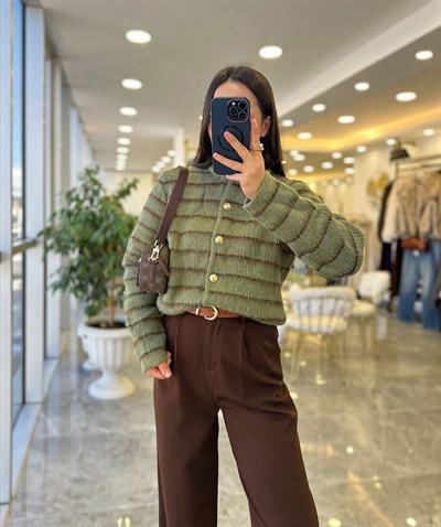 Yeşil Kahve Çizgili Hırka