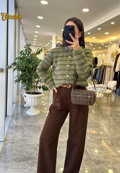 Yeşil Kahve Çizgili Hırka