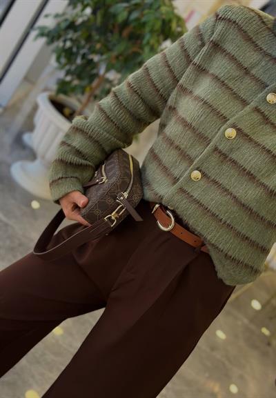 Yeşil Kahve Çizgili Hırka