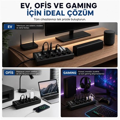 10 Lu Akım Korumalı Çoklu Priz 3 USB-A 1 USB-C Girişli Anahtarlı 3680W 16A  Aç Kapa Tuşlu 2 Metre Kablolu Priz