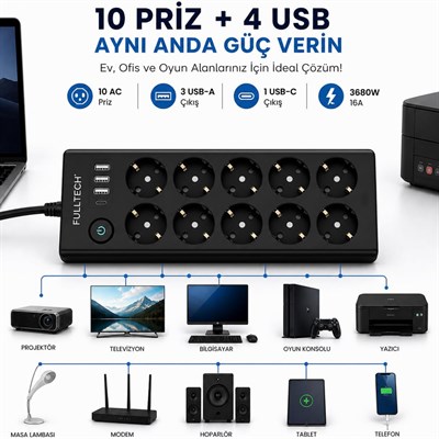 10 Lu Akım Korumalı Çoklu Priz 3 USB-A 1 USB-C Girişli Anahtarlı 3680W 16A  Aç Kapa Tuşlu 2 Metre Kablolu Priz