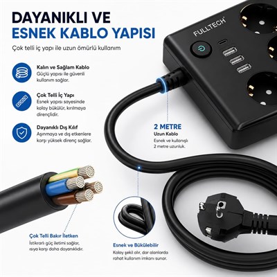 10 Lu Akım Korumalı Çoklu Priz 3 USB-A 1 USB-C Girişli Anahtarlı 3680W 16A  Aç Kapa Tuşlu 2 Metre Kablolu Priz