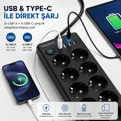 10 Lu Akım Korumalı Çoklu Priz 3 USB-A 1 USB-C Girişli Anahtarlı 3680W 16A  Aç Kapa Tuşlu 2 Metre Kablolu Priz