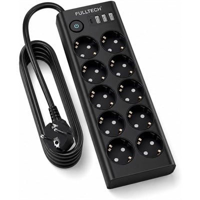 10 Lu Akım Korumalı Çoklu Priz 3 USB-A 1 USB-C Girişli Anahtarlı 3680W 16A  Aç Kapa Tuşlu 2 Metre Kablolu Priz