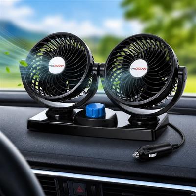 1205 12V Çift Başlıklı Araç Vantilatör Oynar Başlıklı Çakmaklık Girişli 2 Modlu Çift Taraflı Bant Hediye 360 Derece Ayarlanabilir İki Kişilik Oto Fan