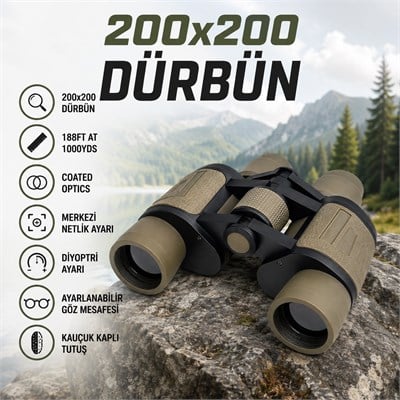 200x200 Dürbün Uzak Mesafe Görüşlü Merkezi Netlik ve Diyoptri Ayarlı Kaplamalı Optik Kauçuk Gövdeli Doğa Kamp Seyahat Gözlem Dürbünü