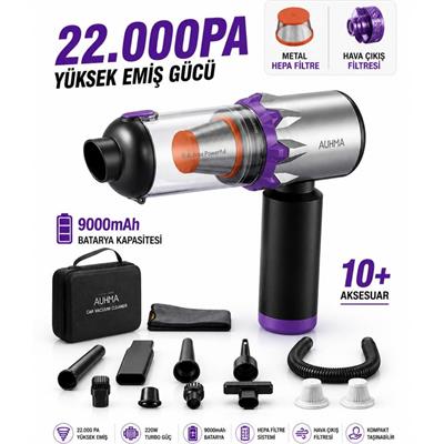 22.000 Pa Araç Süpürgesi Yüksek Emiş Güçlü Şarjlı 9000 mAh Bataryalı Kablosuz Taşınabilir Oto Süpürge Çok Başlıklı Metal Hepa Filtreli Taşıma Çantalı