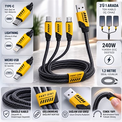 240W 3ü 1 Arada USB Şarj ve Data Kablosu 1.2 Metre Type-C Lightning Micro USB Örgülü Kablo 3 Lü Şarj Kablosu 