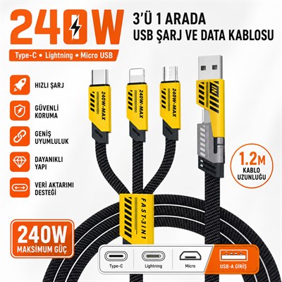 240W 3ü 1 Arada USB Şarj ve Data Kablosu 1.2 Metre Type-C Lightning Micro USB Örgülü Kablo 3 Lü Şarj Kablosu 