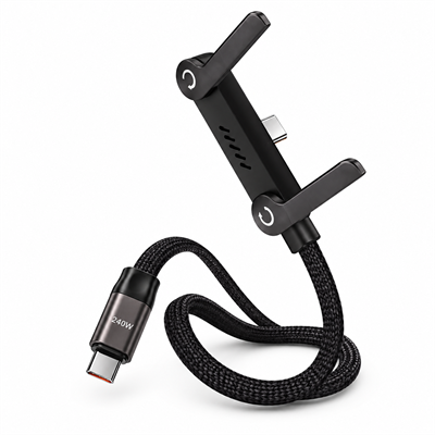 240W Type-C to Type-C 1.5 Metre Örgülü Şarj Kablosu Katlanabilir Telefon Standlı E-Marker Çipli Güç Aktarım Kablosu