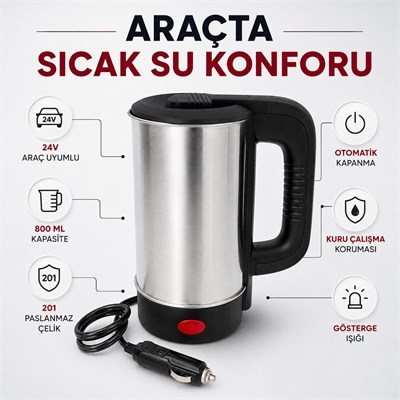 24V 800 ml Araç İçi Çakmaklık Girişli Paslanmaz Çelik Su Isıtıcı Kettle Otomatik Kapanma ve Kuru Kaynama Koruması