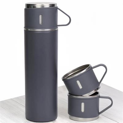 Gri 3 Bardaklı Paslanmaz Çelik Termos 