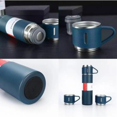 Lacivert 3 Bardaklı Paslanmaz Çelik Termos 