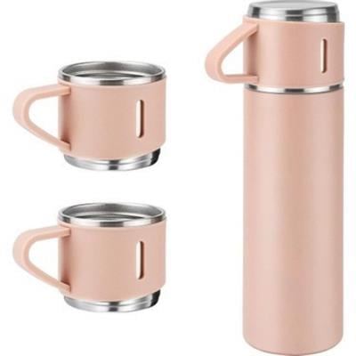 Pembe 3 Bardaklı Paslanmaz Çelik Termos 
