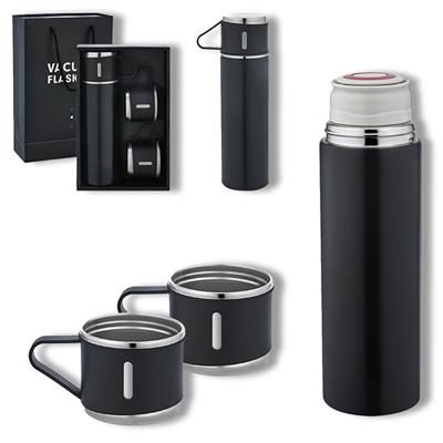 Siyah 3 Bardaklı Paslanmaz Çelik Termos 