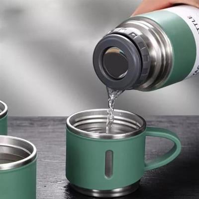 Yeşil 3 Bardaklı Paslanmaz Çelik Termos 