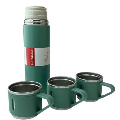 Yeşil 3 Bardaklı Paslanmaz Çelik Termos 