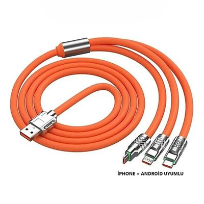 3 İn 1 Type-c Micro Usb Lightning 120 Watt Hızlı 6A Şarj Kablosu 