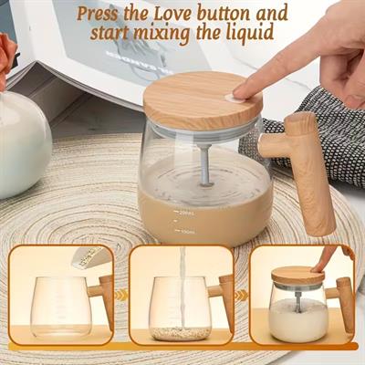 400 ml Ahşap Cam Şarjlı Otomatik Karıştırma Kahve Bardağı 