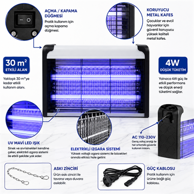 4W Elektrikli UV Mavi Işıklı Sinek ve Sivrisinek Öldürücü LED 30 m² Etkili Asılabilir Masaüstü Böcek Kovucu