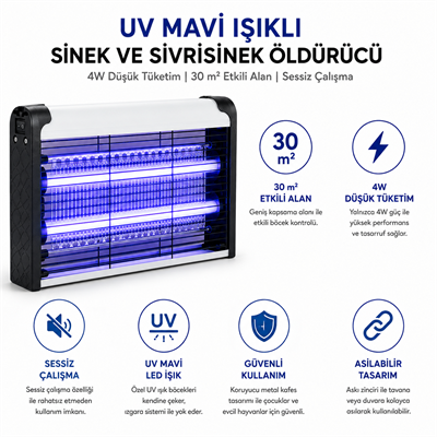 4W Elektrikli UV Mavi Işıklı Sinek ve Sivrisinek Öldürücü LED 30 m² Etkili Asılabilir Masaüstü Böcek Kovucu