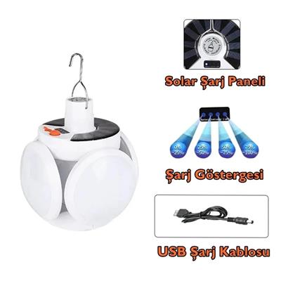 5 Kanatlı Katlanabilir Solar Ve Şarj Edilebilir Su Geçirmez Şarj Göstergeli Lamba