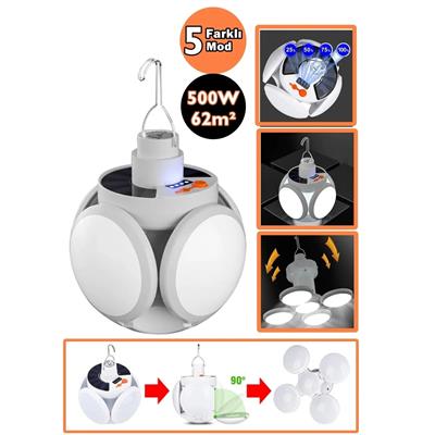 5 Kanatlı Katlanabilir Solar Ve Şarj Edilebilir Su Geçirmez Şarj Göstergeli Lamba