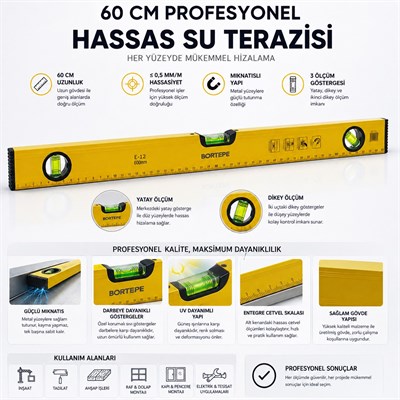 60 CM Profesyonel Hassas Su Terazisi 3 Göstergeli Mıknatıslı Alüminyum Gövde Yatay Dikey Ölçüm Cetvelli İnşaat Tadilat Montaj El Aleti