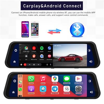 9.66 İnç Dokunmatik Ayna Tipi Araç Kamerası 4K Full HD Ön Arka Kayıt Carplay Android Auto WiFi GPS Gece Görüşlü Park Modlu Dash Cam