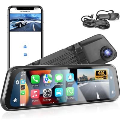9.66 İnç Dokunmatik Ayna Tipi Araç Kamerası 4K Full HD Ön Arka Kayıt Carplay Android Auto WiFi GPS Gece Görüşlü Park Modlu Dash Cam