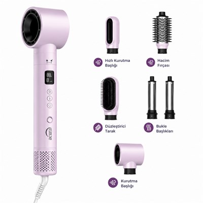 AC-95 Pembe 6 Başlıklı Saç Şekillendirme ve Kurutma Seti LCD Ekranlı İyonik Hava Üflemeli Maşa Düzleştirici Fön Seti