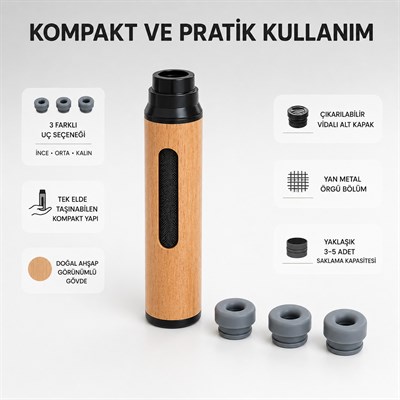 Ahşap Görünümlü Taşınabilir Küllük 3 Farklı Uç Seçenekli İzmarit Söndürme Aparatlı Kapaklı Koku ve Kül Dağılımını Azaltan Pratik Küllük
